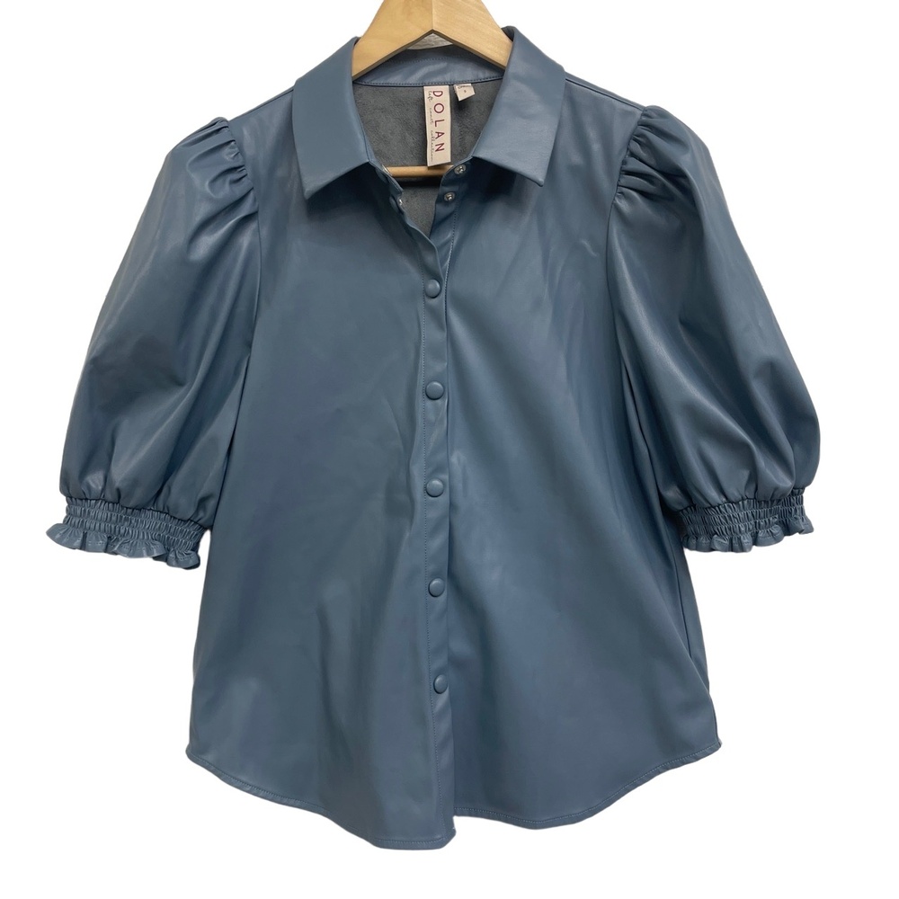 Anthropologie Dolan Vegan Leather Snap Puff Sleeve Blouse Blue Gray Womens Small